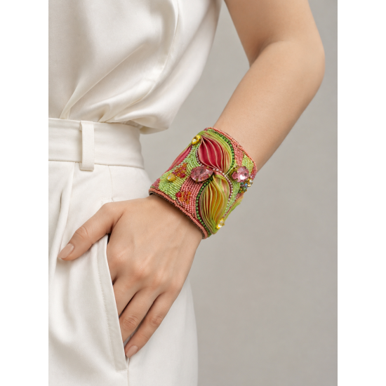 Cuff bracelets. Artisan cuff bracelet  "Pastel Aura". Embroidery with Shibori silk ribbons bracelet.