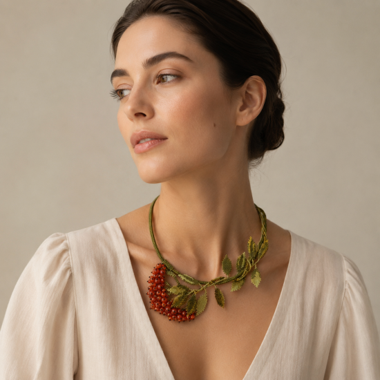 Artisan beaded necklace "Rowan branch"